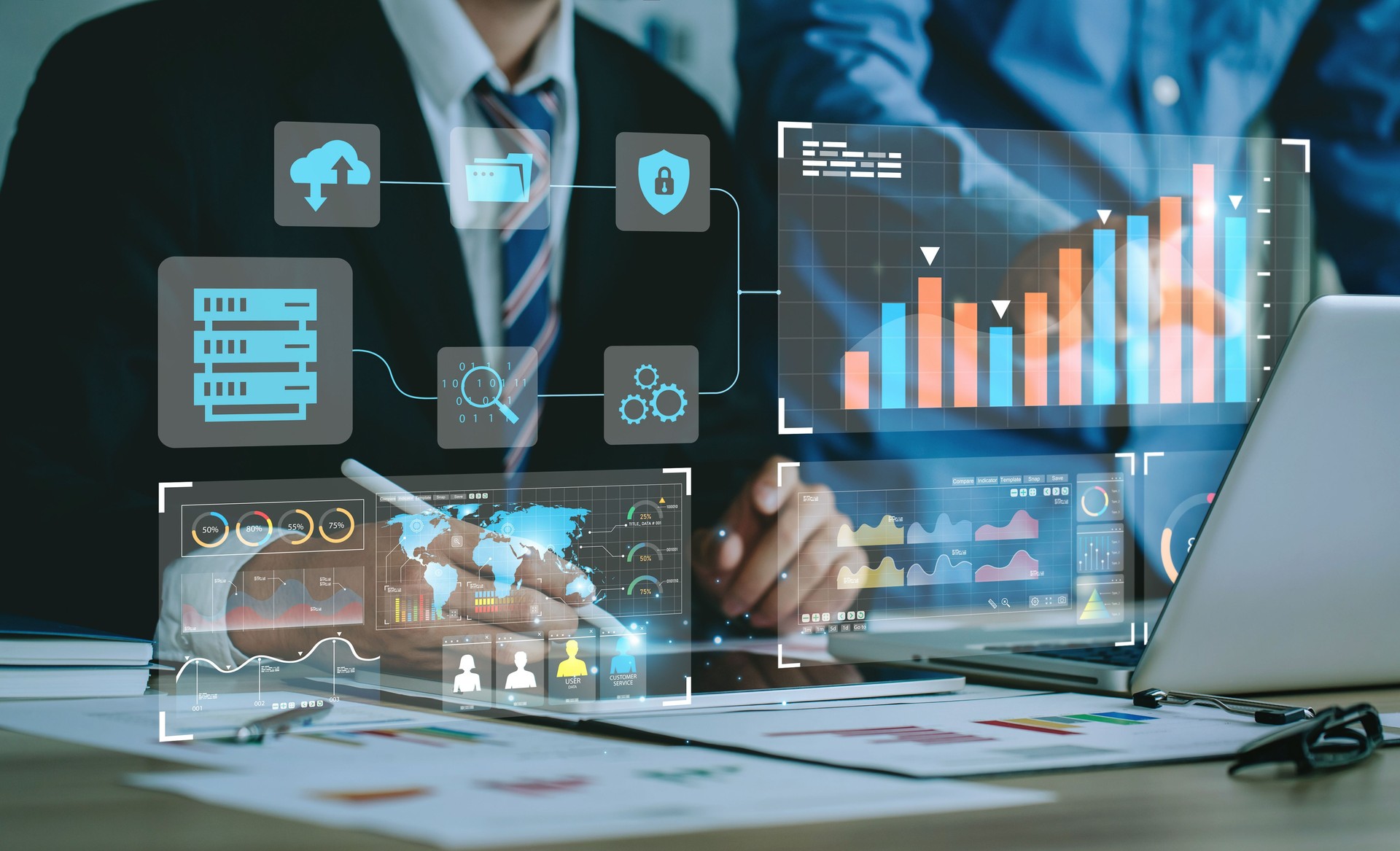 Data Management System (DMS) and Business Analytics Concept. businessman working and analysis connect to the dashboard to provide information for Key Performance Indicators (KPI), marketing analysis